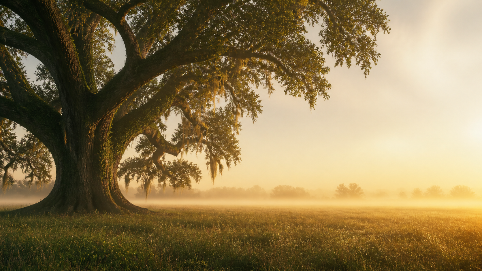 A strong old oak tree in warm sunrise light, representing family roots and love carried forward